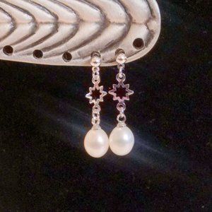 Silver Tone Genuine Pearl Drop Pierced Earrings